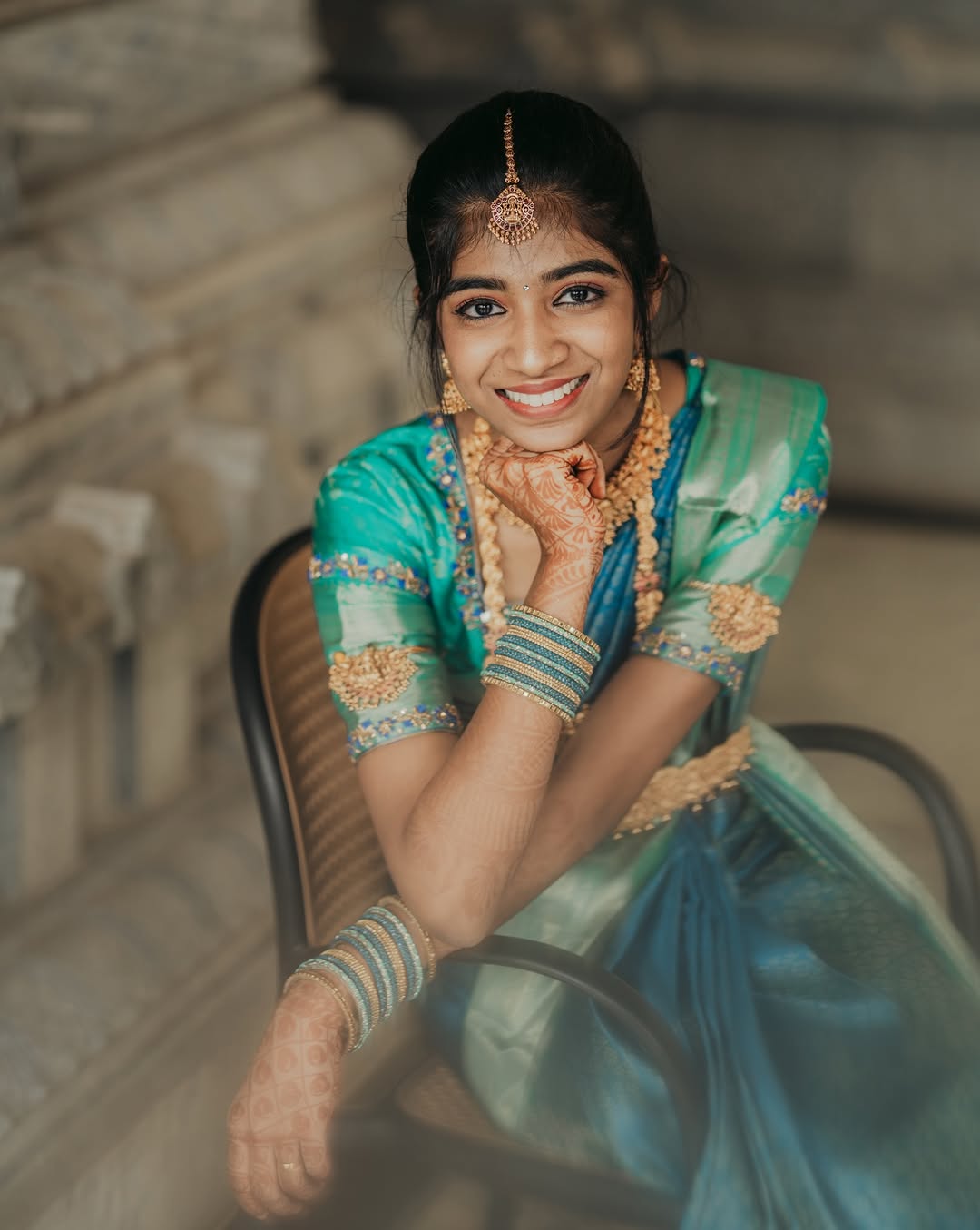 Portrait of a young girl in a blue silk saree